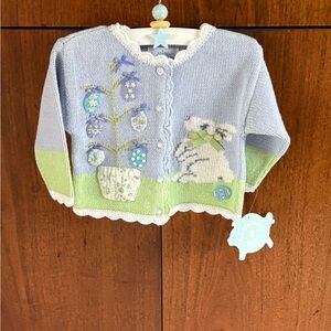 Baby Blue and Green Cardigan with Bunny Design